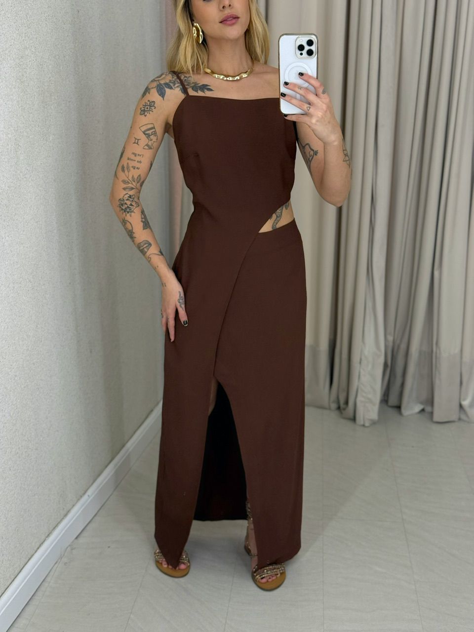 VESTIDO MARIA LUIZA ALÇA MARROM