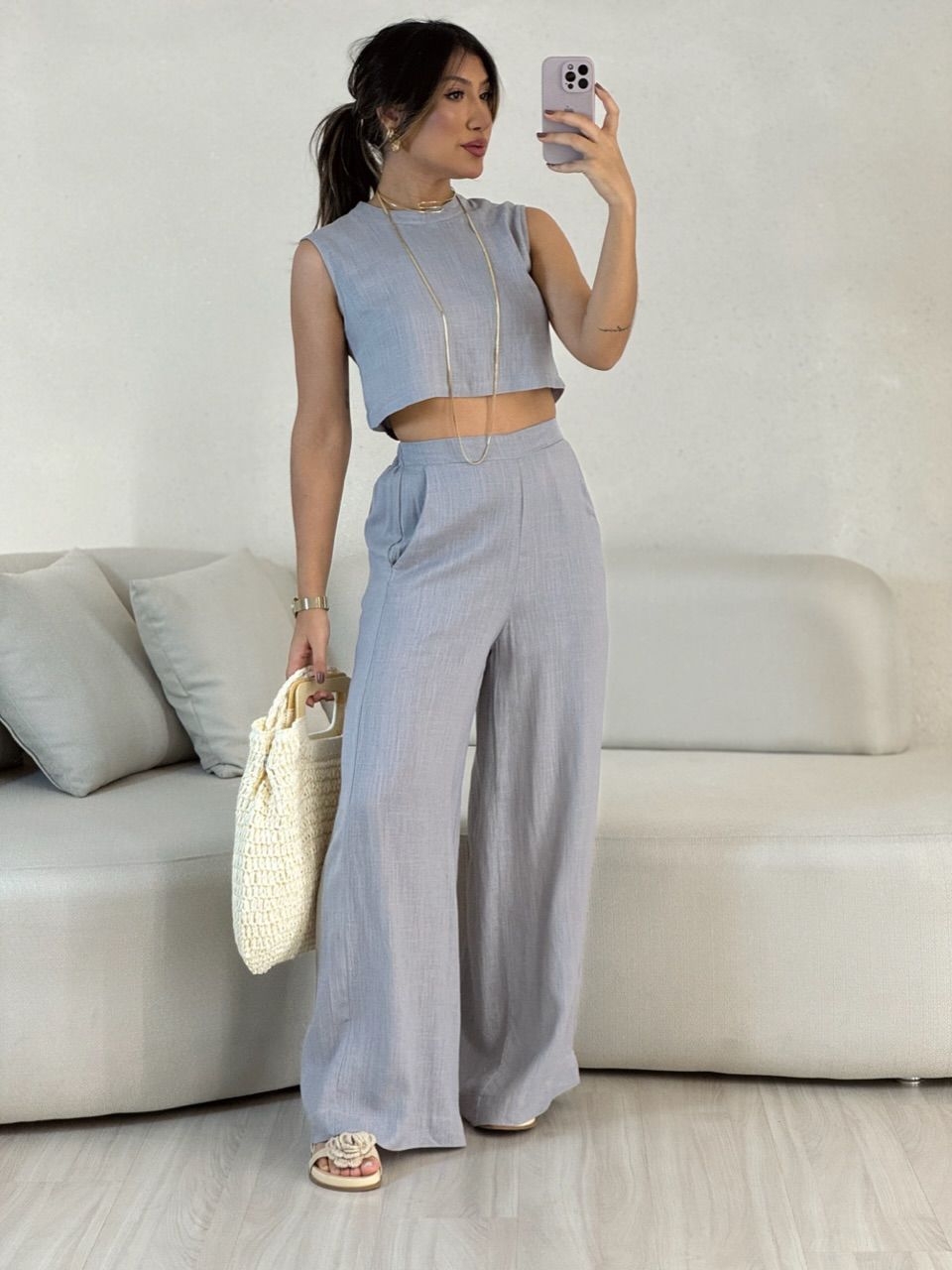 CONJUNTO LINHO CALÇA PANTALONA CINZA - 0054550091 - CAROLLA FERRARO