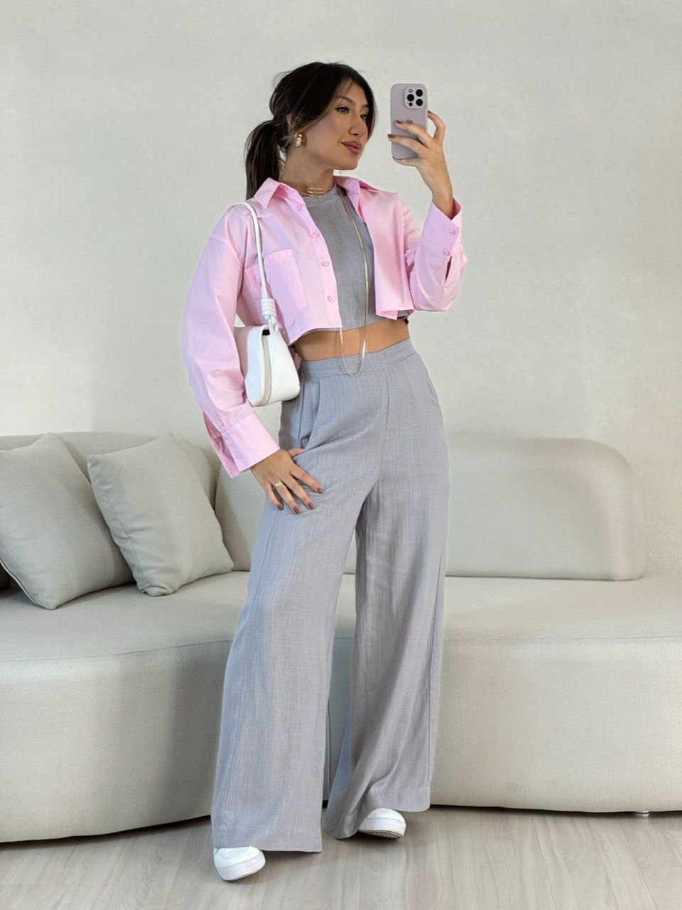 CONJUNTO LINHO CALÇA PANTALONA CINZA