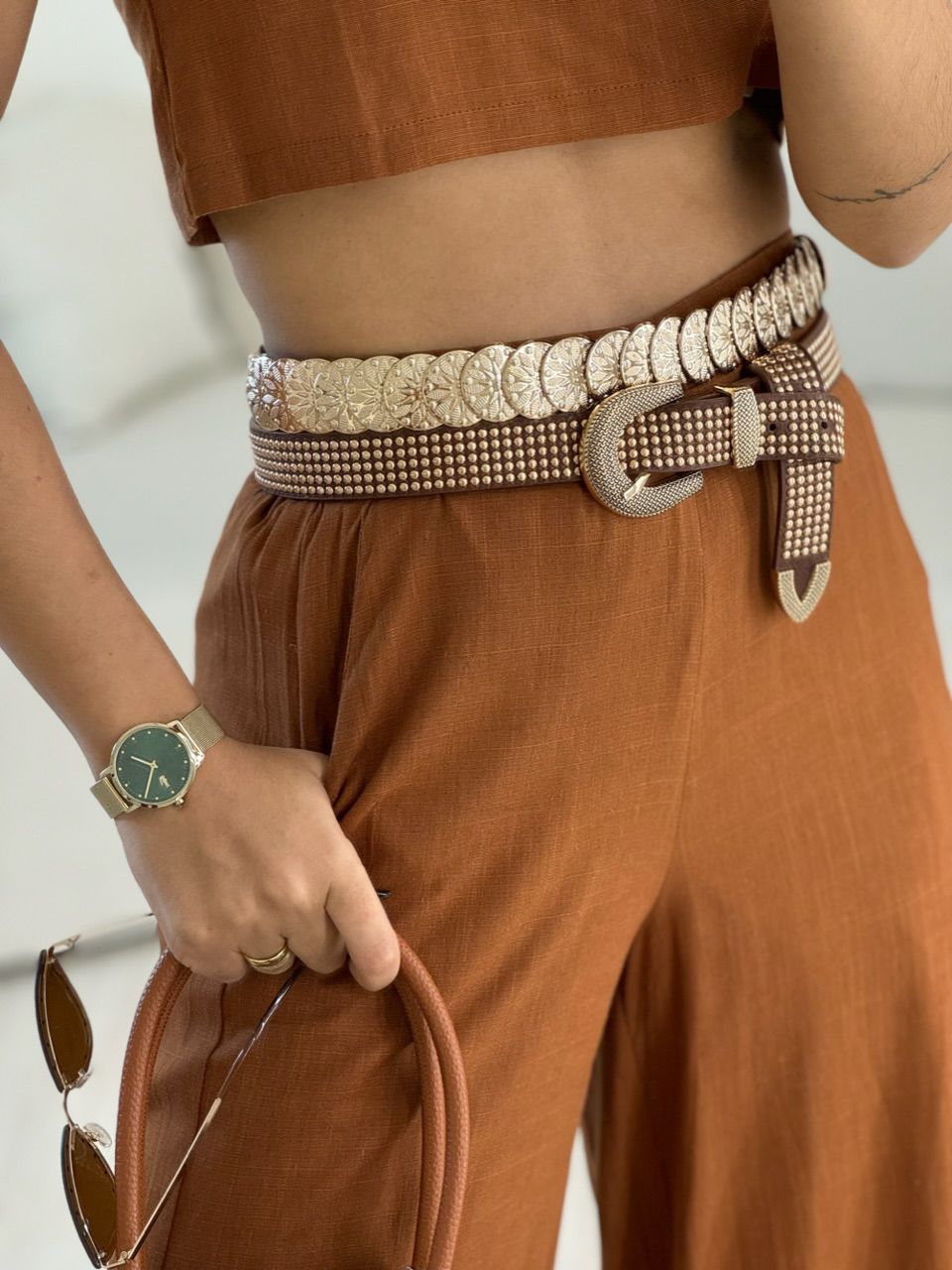 CONJUNTO LINHO CALÇA PANTALONA CARAMELO