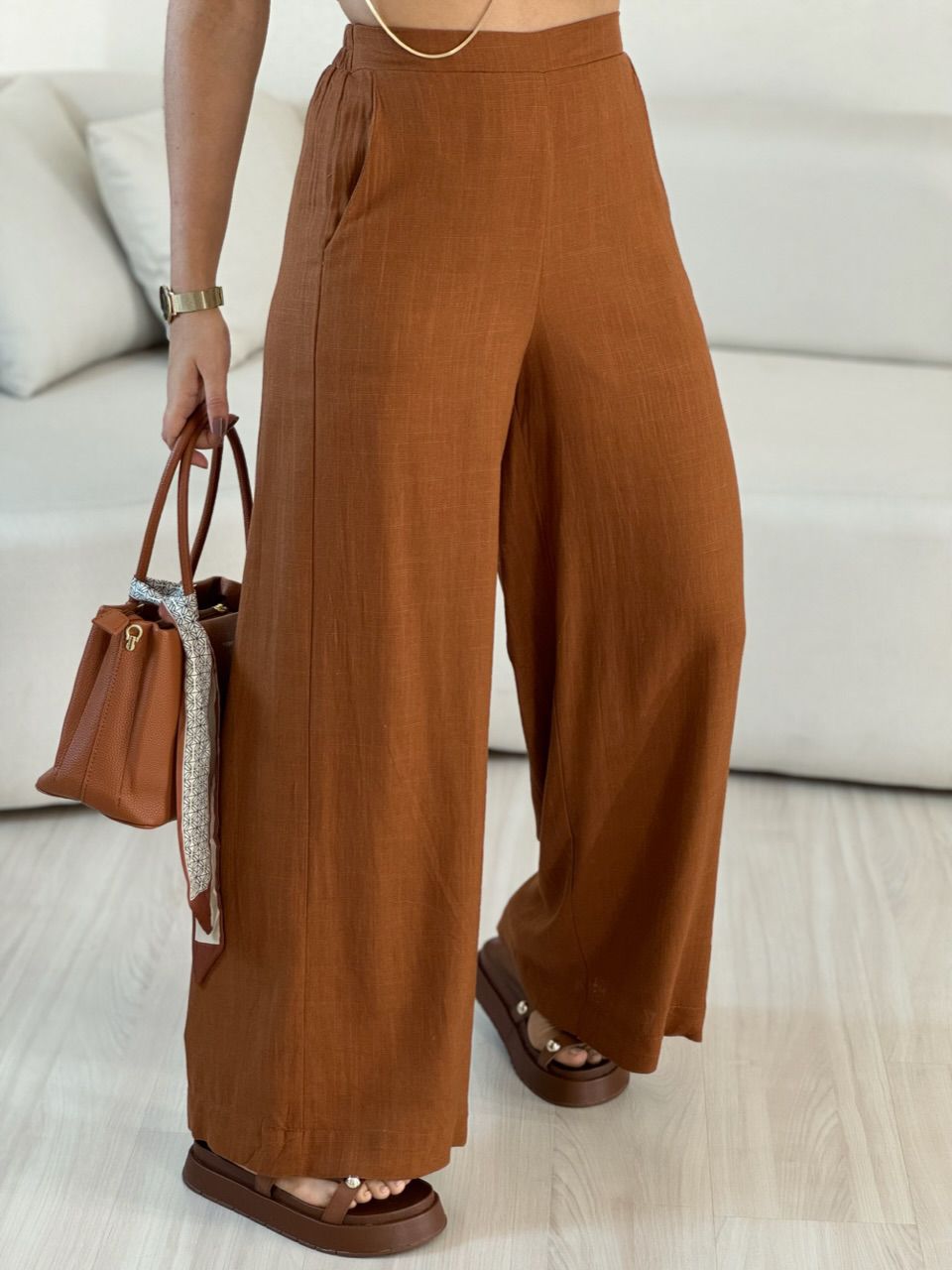 CONJUNTO LINHO CALÇA PANTALONA CARAMELO