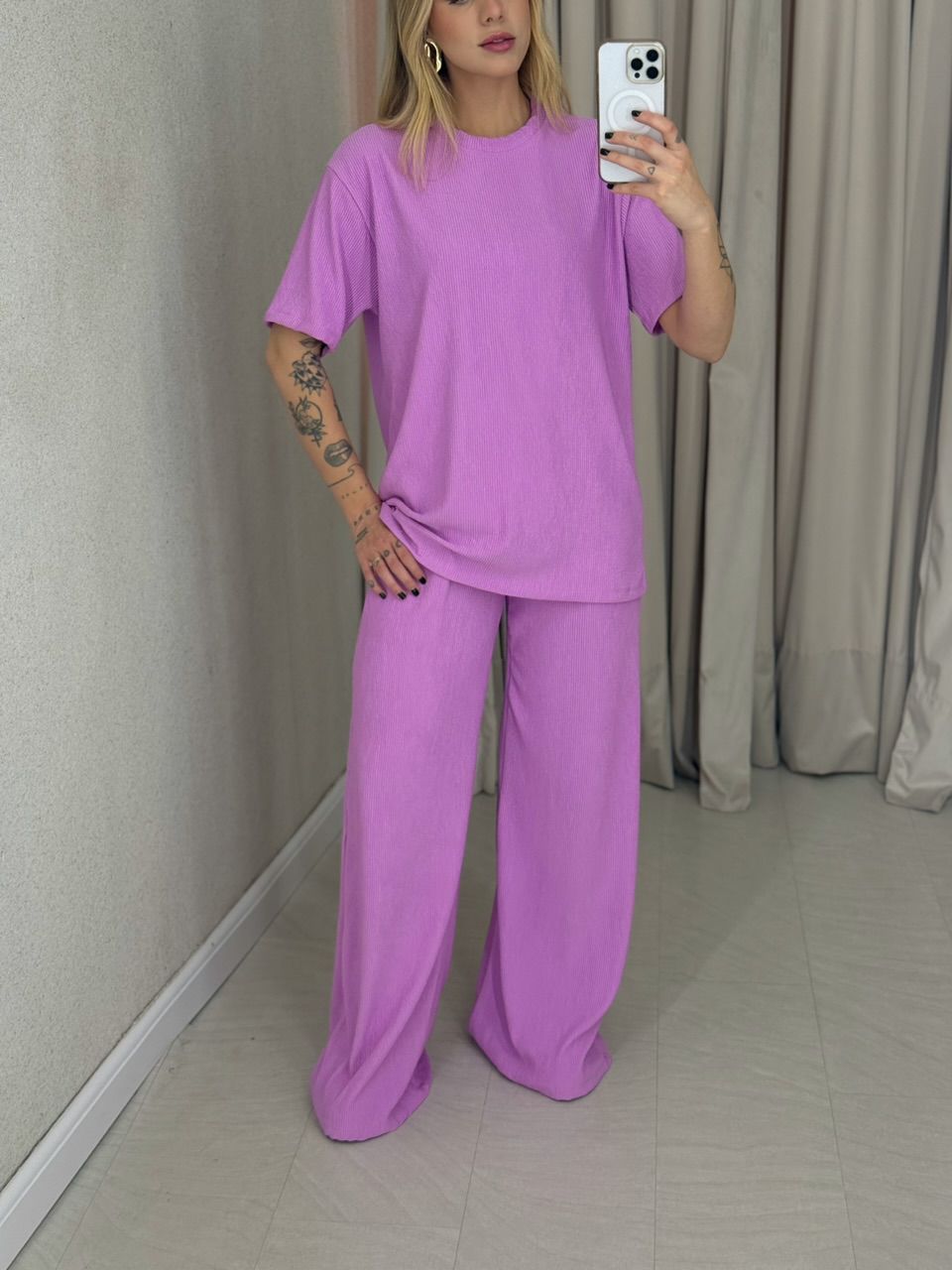 CONJUNTO IRENE BLUSA CALÇA ROSA CHICLETE