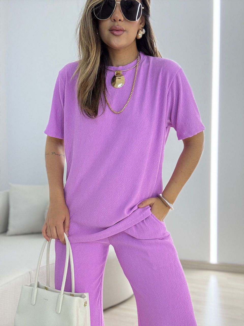 CONJUNTO IRENE BLUSA CALÇA ROSA CHICLETE