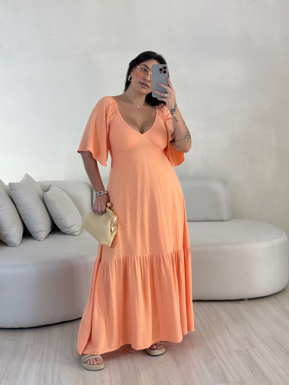 VESTIDO MANGA MIDI LARANJA