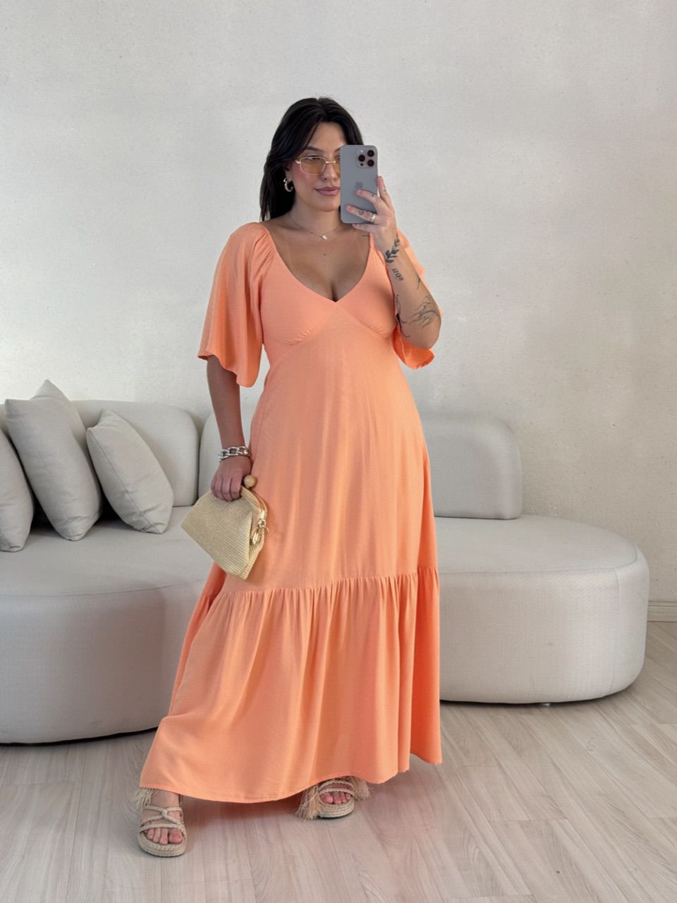 VESTIDO MANGA MIDI LARANJA