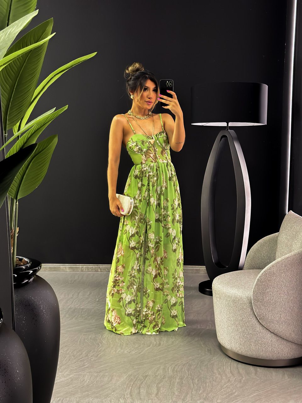 VESTIDO FLORAL TULE ALÇA VERDE