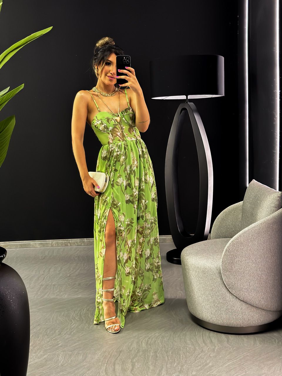 VESTIDO FLORAL TULE ALÇA VERDE