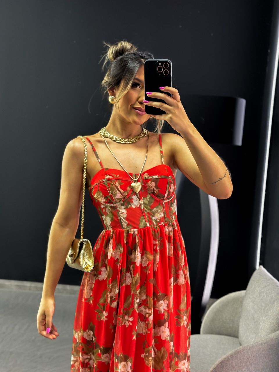 VESTIDO FLORAL TULE ALÇA VERMELHA