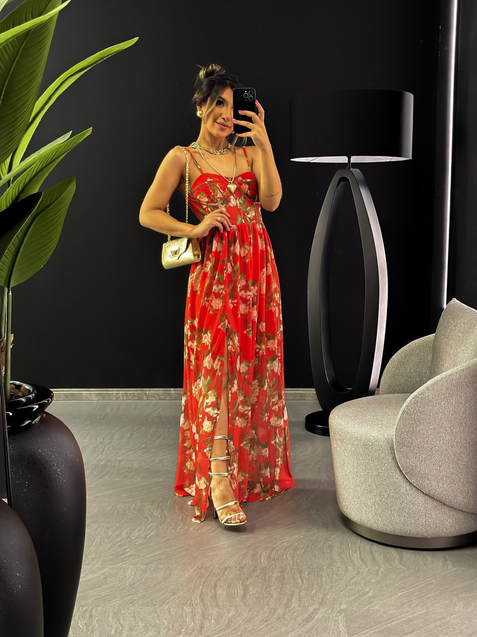 VESTIDO FLORAL TULE ALÇA VERMELHA - 0045740007 - CAROLLA FERRARO