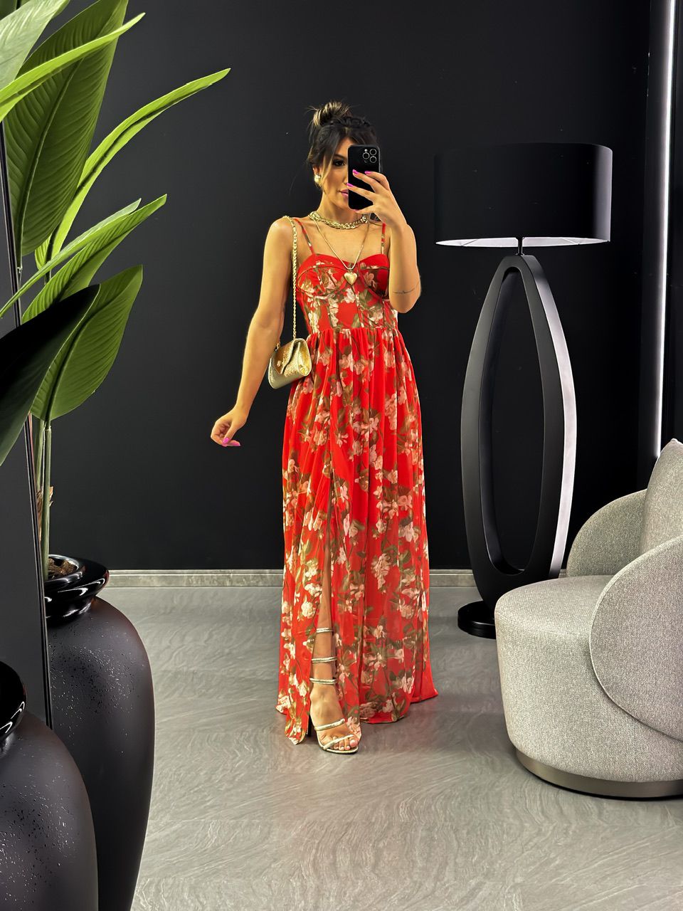 VESTIDO FLORAL TULE ALÇA VERMELHA