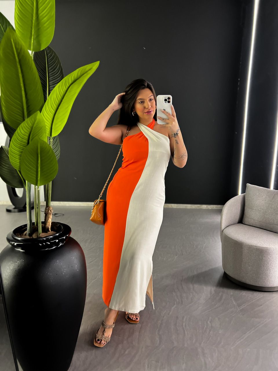 VESTIDO PAOLA DUAS CORES LARANJA