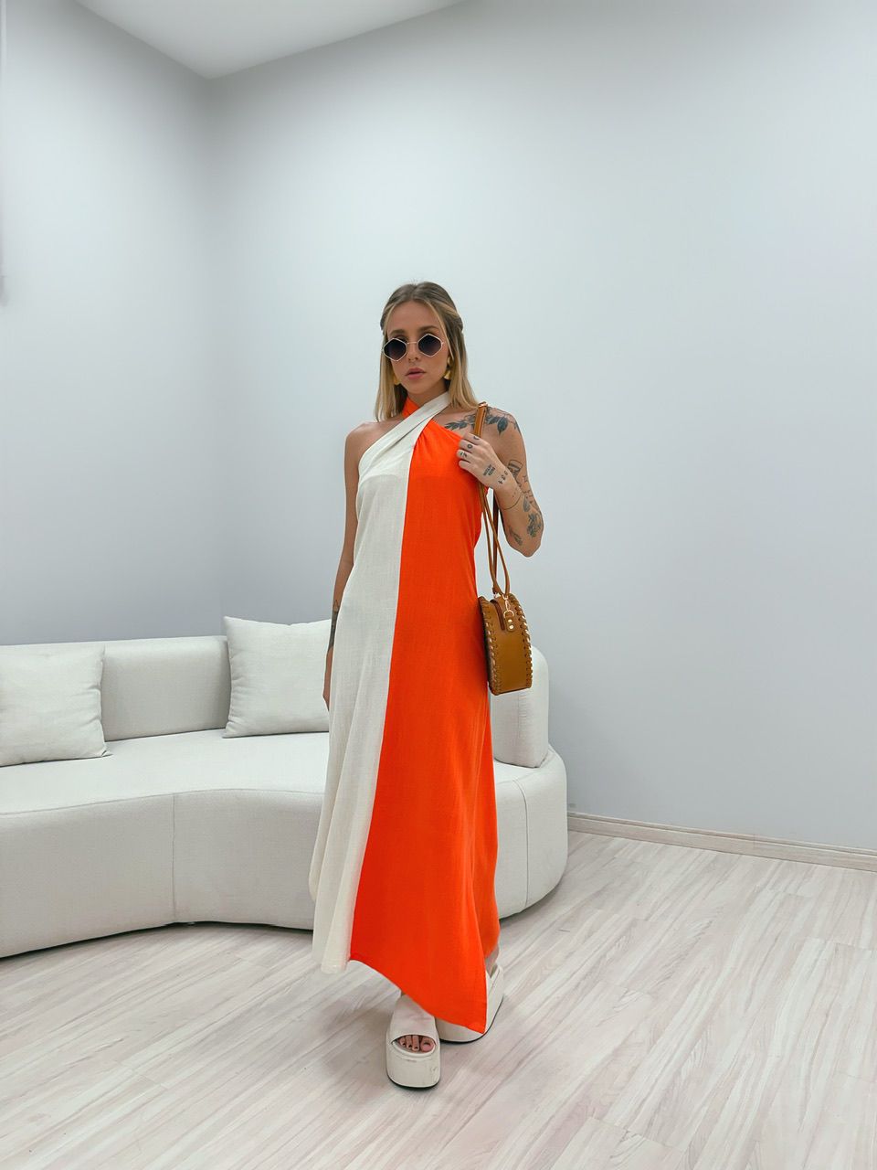 VESTIDO PAOLA DUAS CORES LARANJA