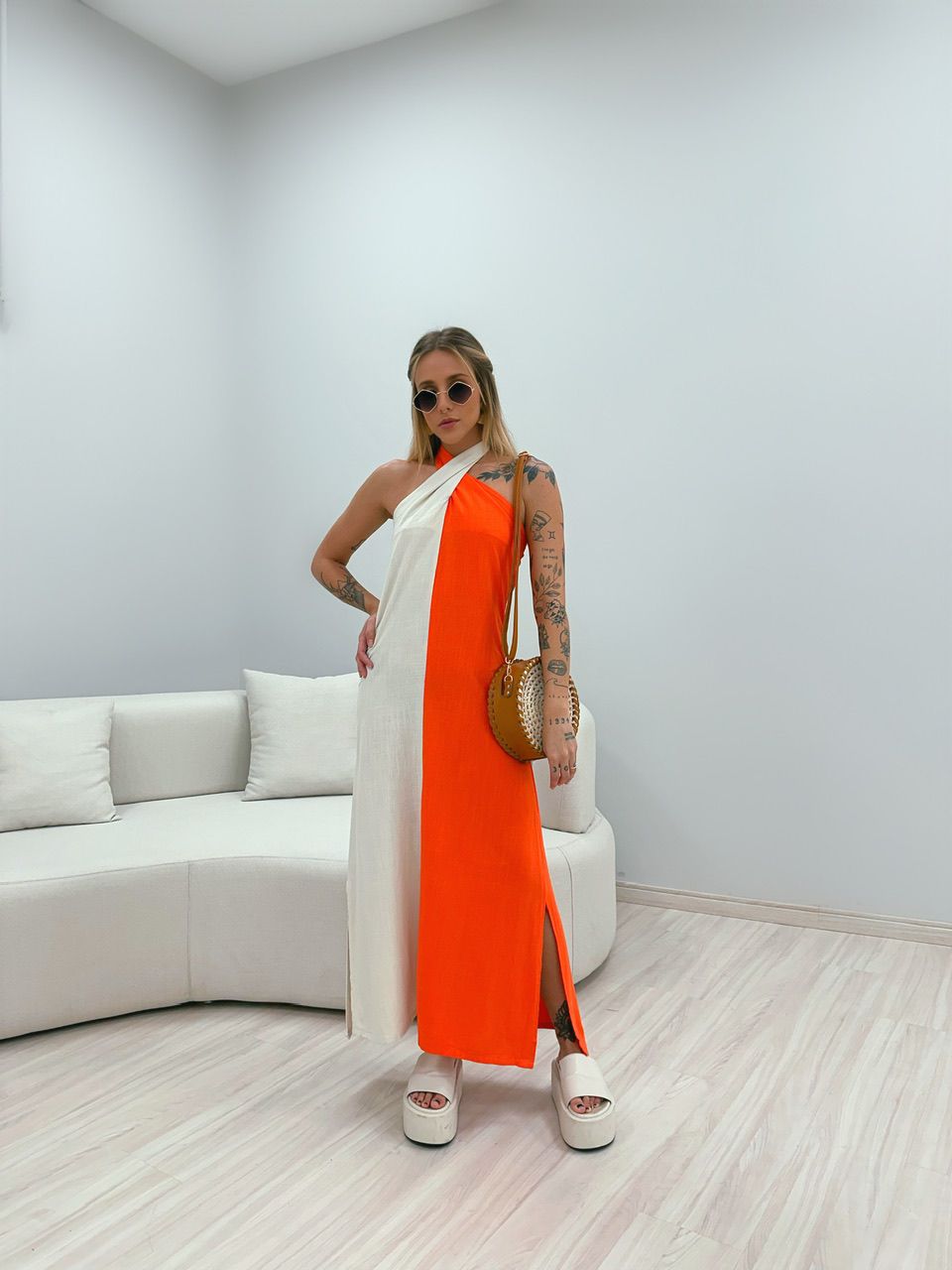 VESTIDO PAOLA DUAS CORES LARANJA