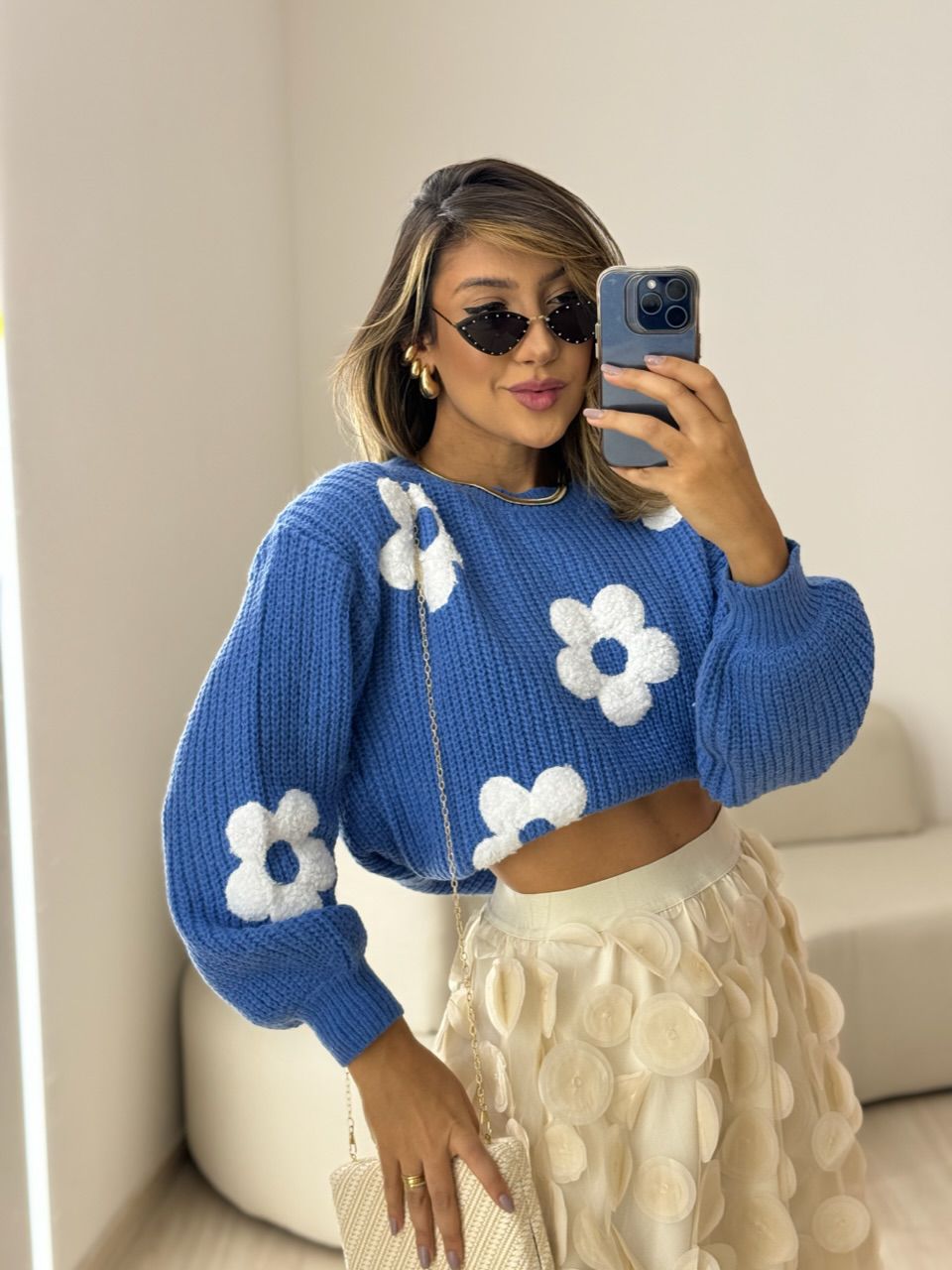 TRICOT ANA FLORES AZUL - 0050070109 - CAROLLA FERRARO