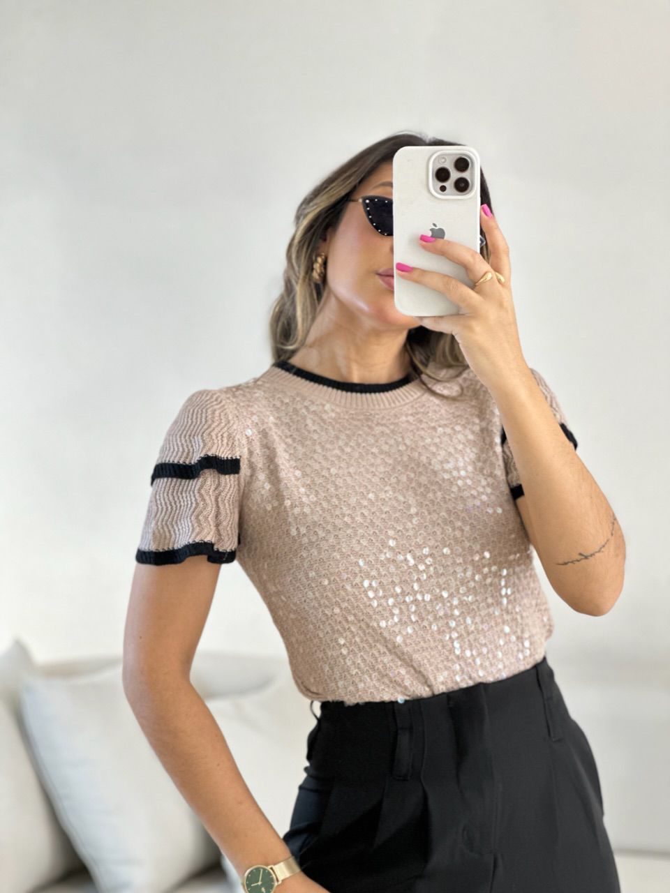 BLUSA SOFIA TRICOT PAETÊ Nude - 0054670049 - CAROLLA FERRARO