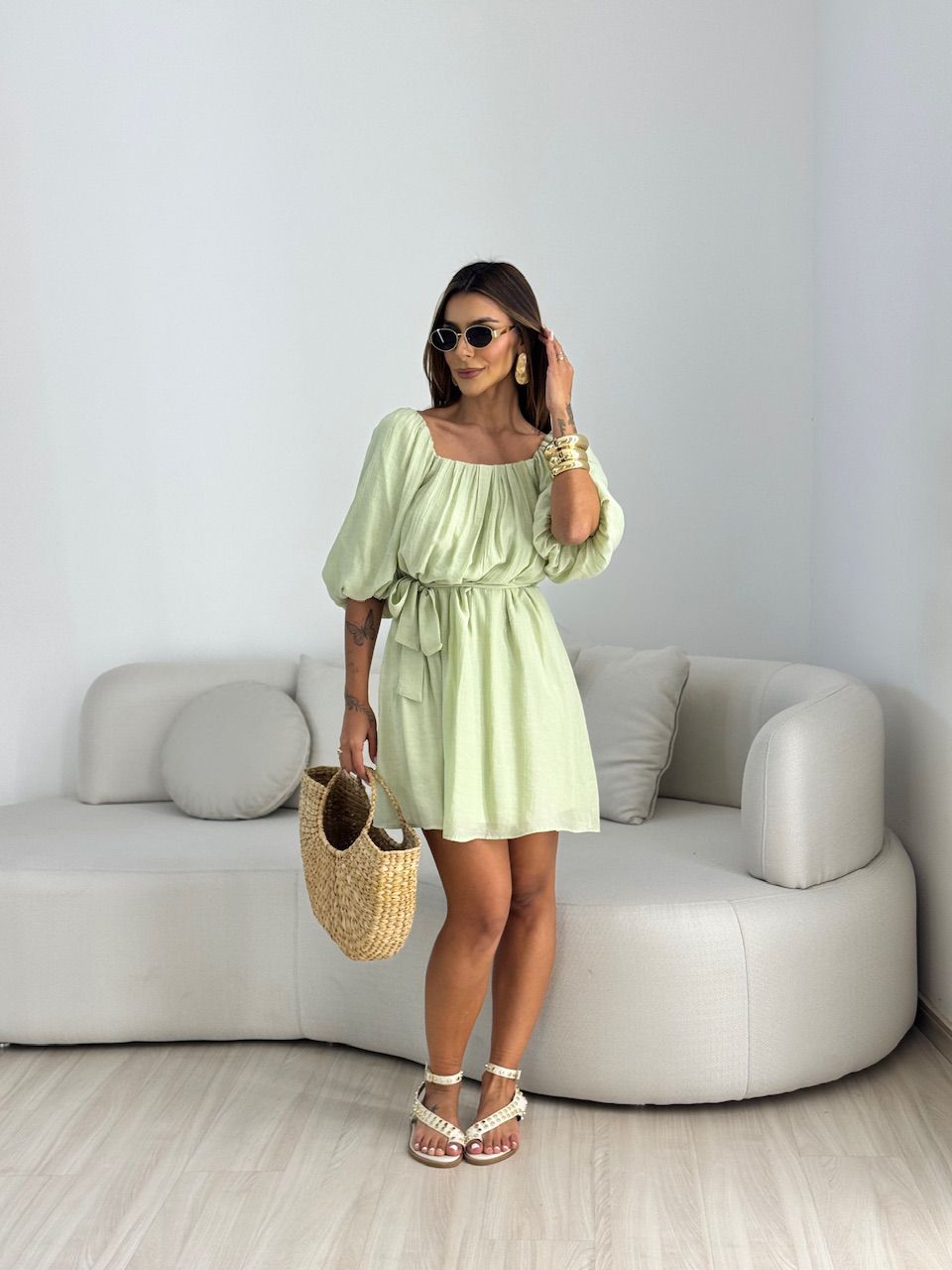 VESTIDO LIDIA MANGA BUFANTE VERDE - 0068040014 - CAROLLA FERRARO