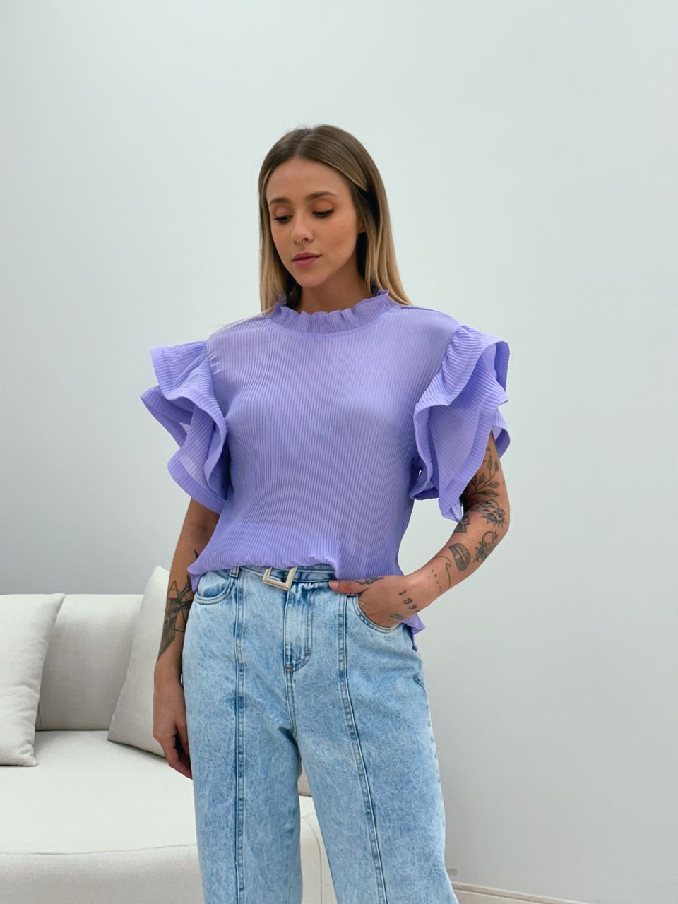 BLUSA BIANCA PLISSADA LILÁS - 0049110066 - CAROLLA FERRARO