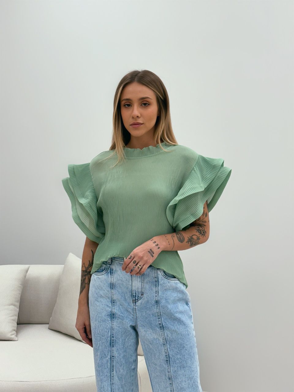 BLUSA BIANCA PLISSADA VERDE - 0049110014 - CAROLLA FERRARO