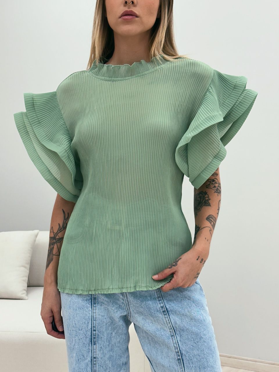 BLUSA BIANCA PLISSADA VERDE
