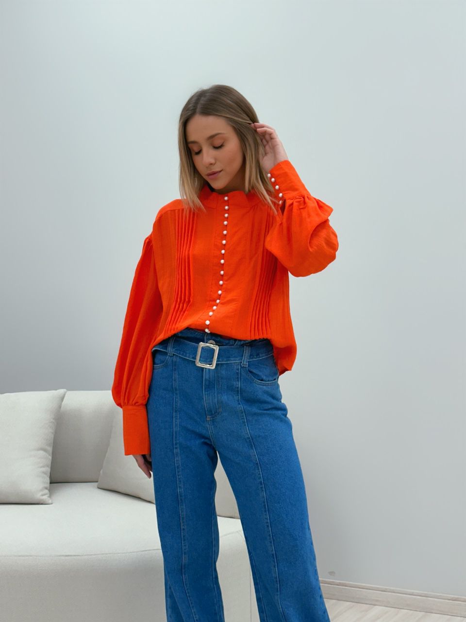 CAMISA BOTÕES PÉROLA LARANJA