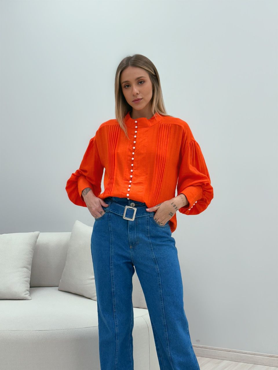 CAMISA BOTÕES PÉROLA LARANJA