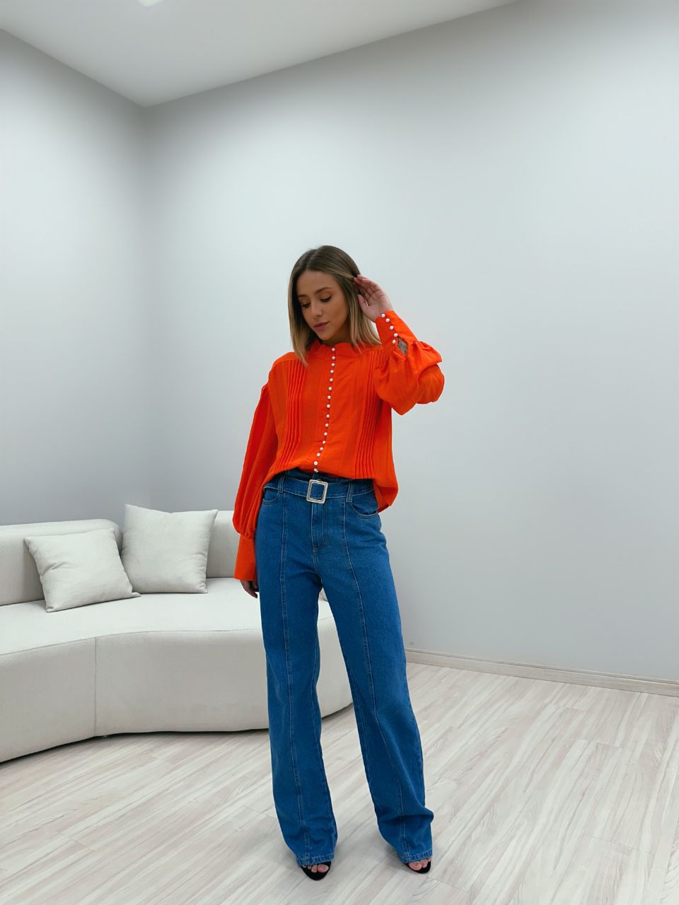 CAMISA BOTÕES PÉROLA LARANJA
