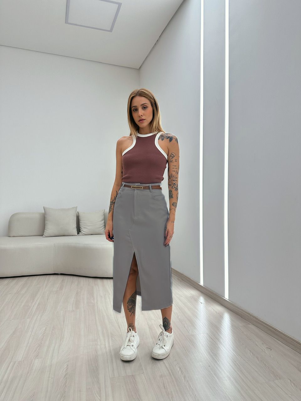 SAIA LOLA MIDI CINZA - 0050140091 - CAROLLA FERRARO