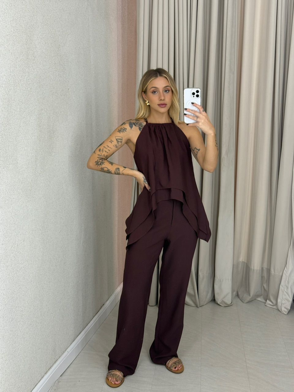 CONJUNTO SILVIA CALÇA MARROM - 0062730054 - CAROLLA FERRARO