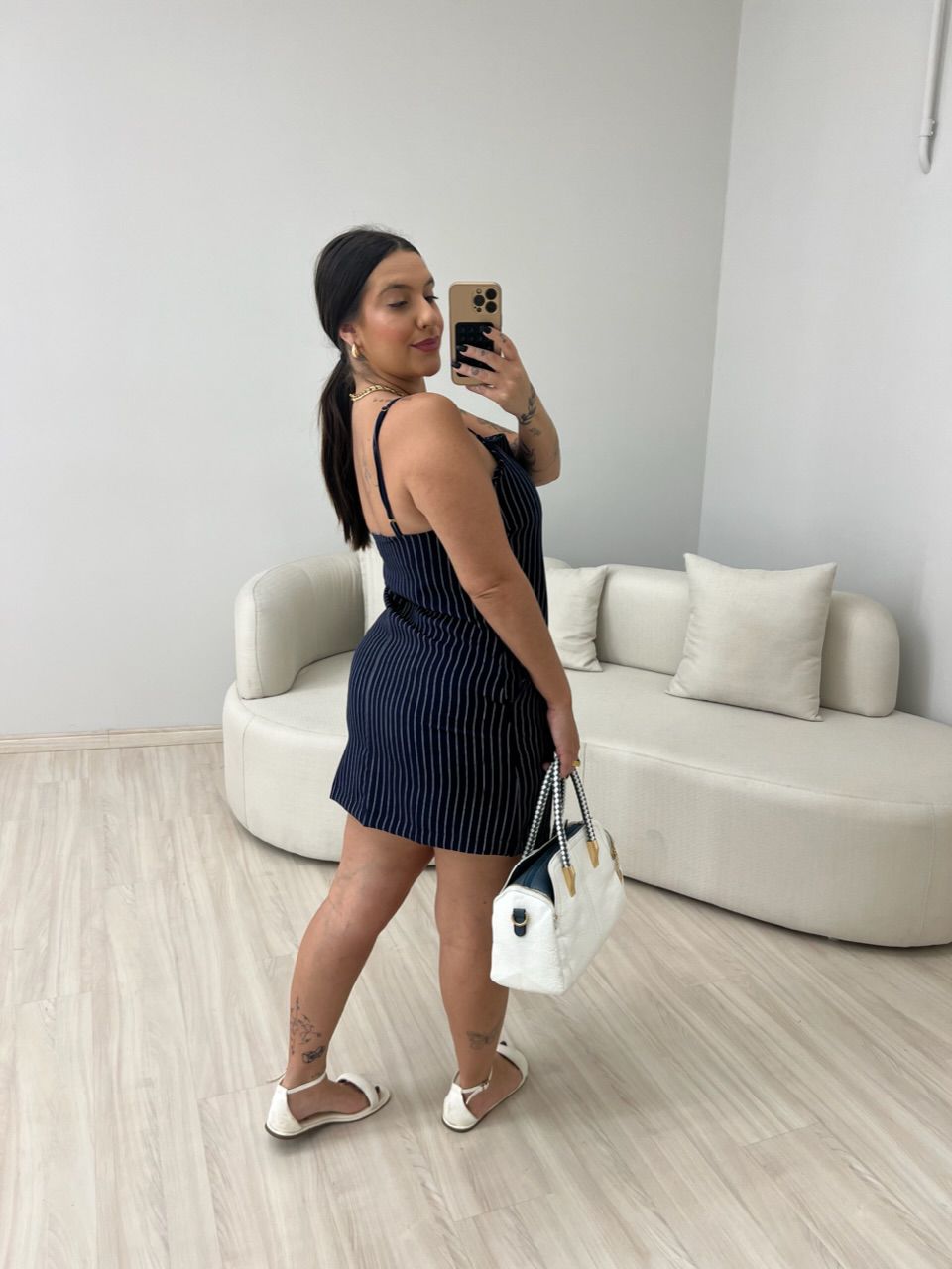 VESTIDO RISCA DE GIZ CURTO MARINHO