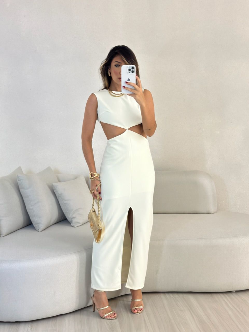 VESTIDO DETALHE VAZADO MARFIM
