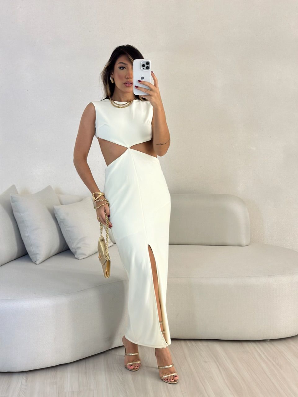 VESTIDO DETALHE VAZADO MARFIM - 0053370056 - CAROLLA FERRARO