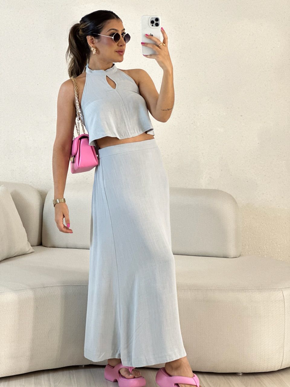 CONJUNTO LINHO SAIA LONGA CINZA