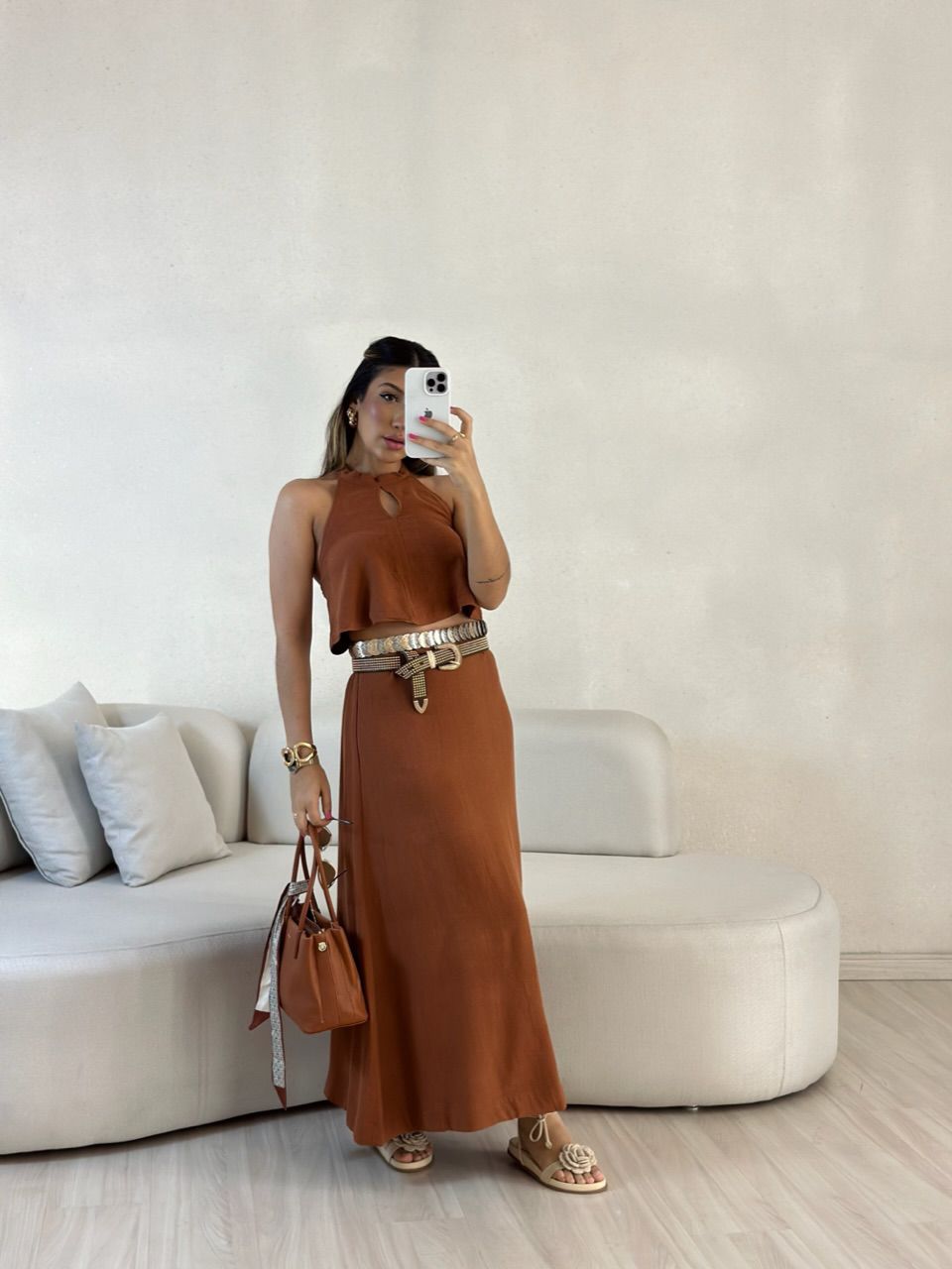 CONJUNTO LINHO SAIA LONGA MARROM - 0054680054 - CAROLLA FERRARO
