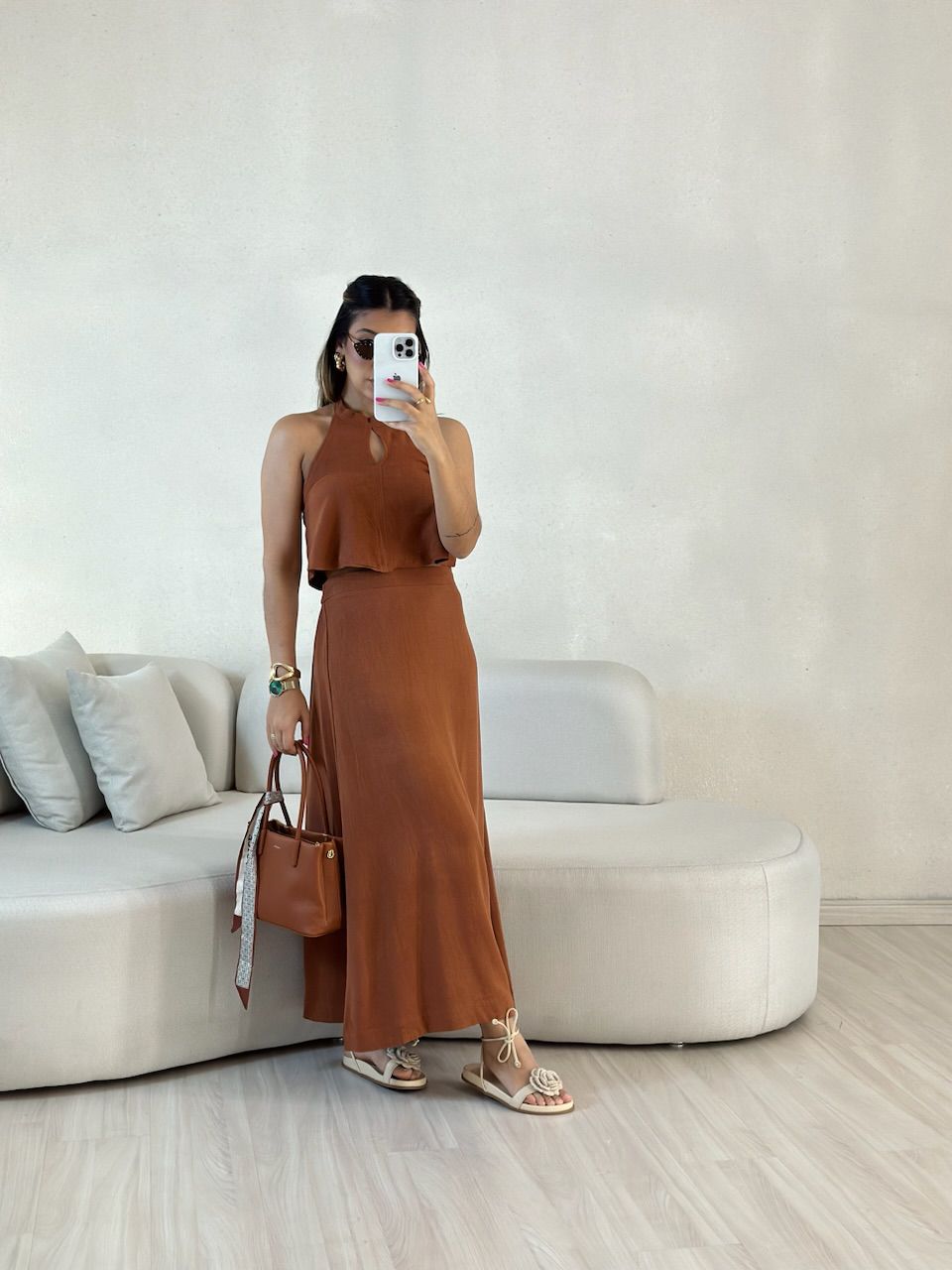 CONJUNTO LINHO SAIA LONGA MARROM