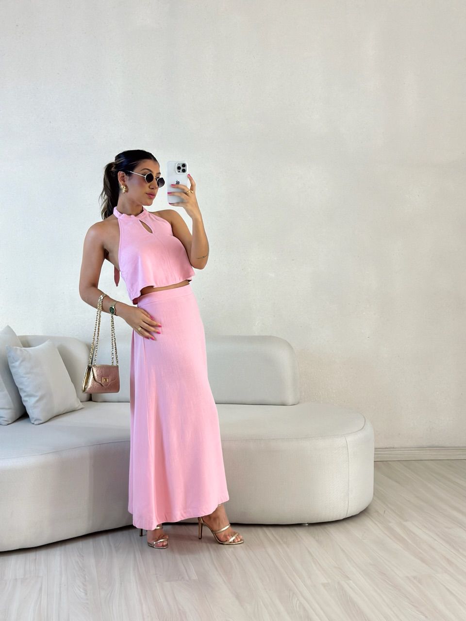 CONJUNTO LINHO SAIA LONGA ROSÊ