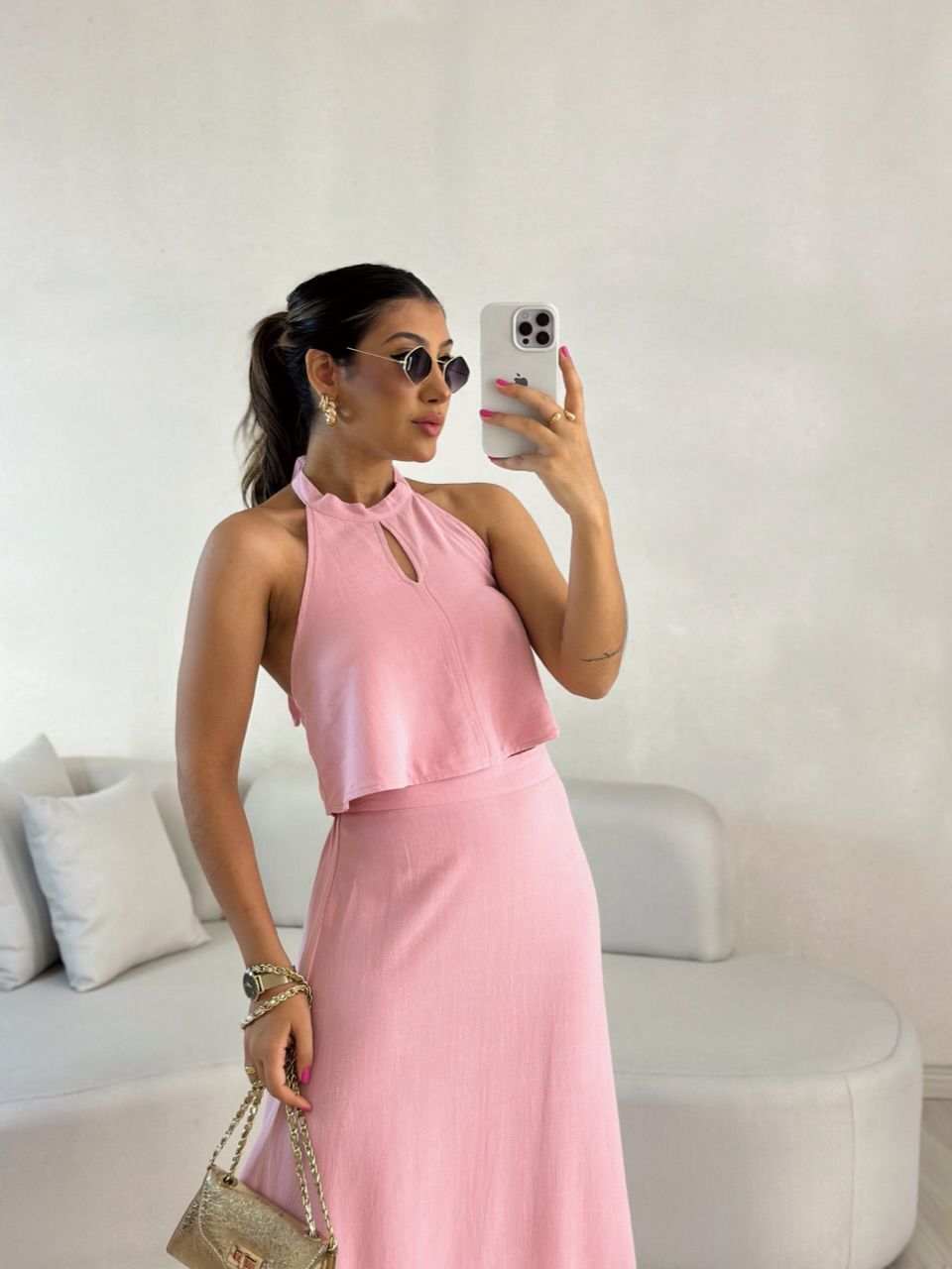 CONJUNTO LINHO SAIA LONGA ROSÊ