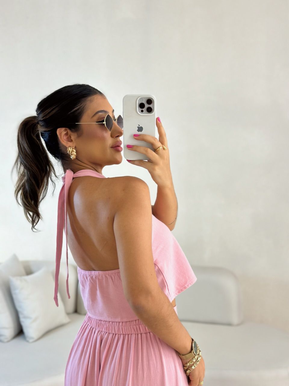 CONJUNTO LINHO SAIA LONGA ROSÊ