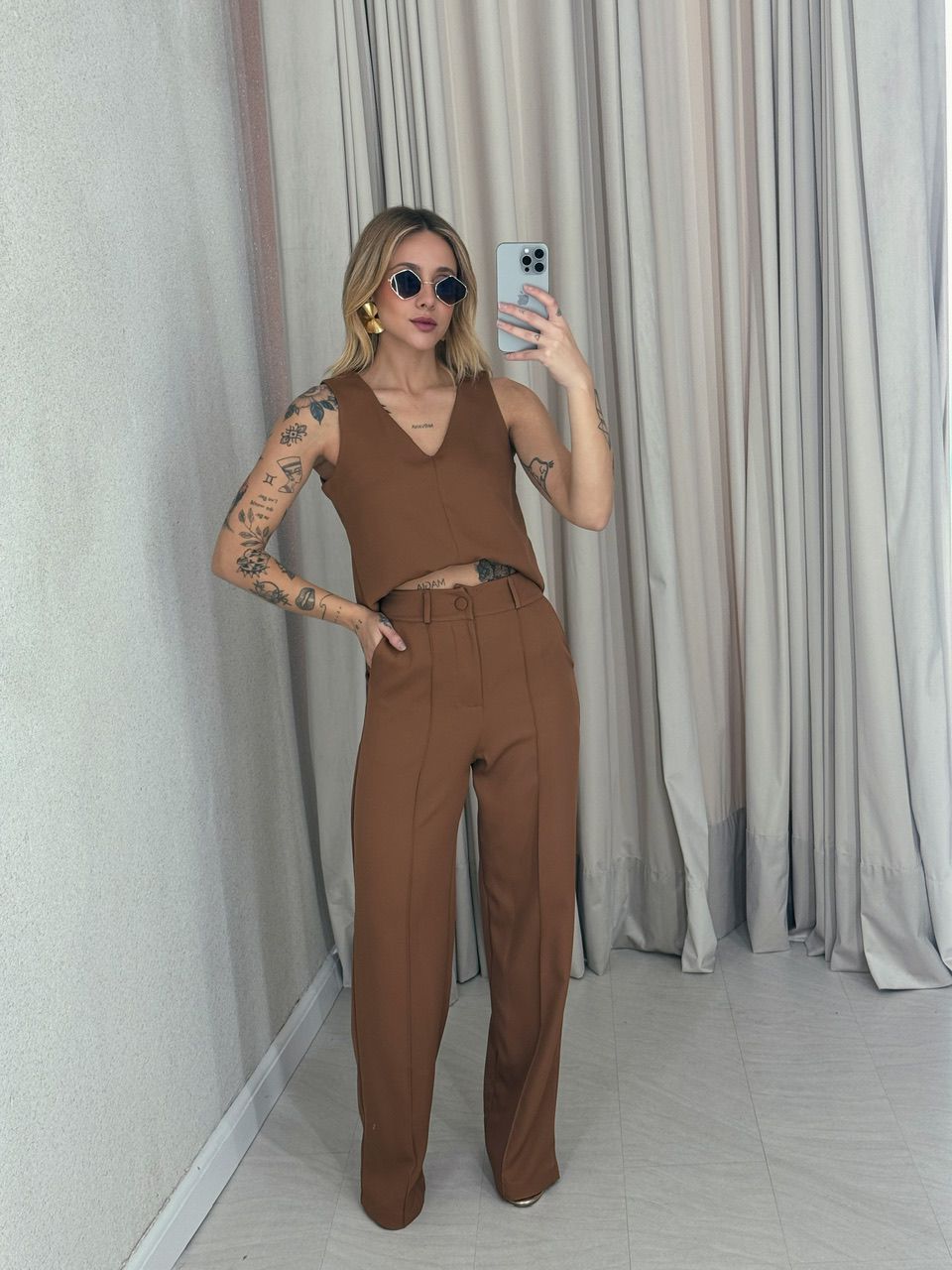 CONJUNTO BRUNA CALÇA MARROM - 0054700054 - CAROLLA FERRARO