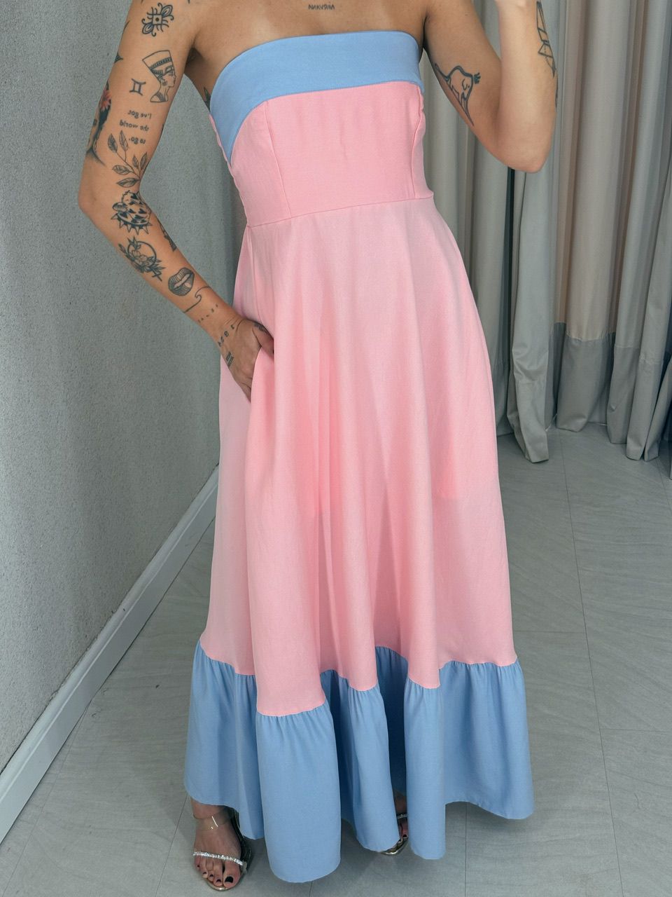 VESTIDO BICOLOR TOMARA QUE CAIA BABY PINK