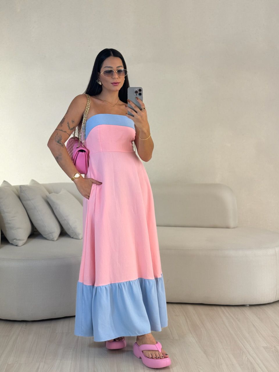 VESTIDO BICOLOR TOMARA QUE CAIA BABY PINK