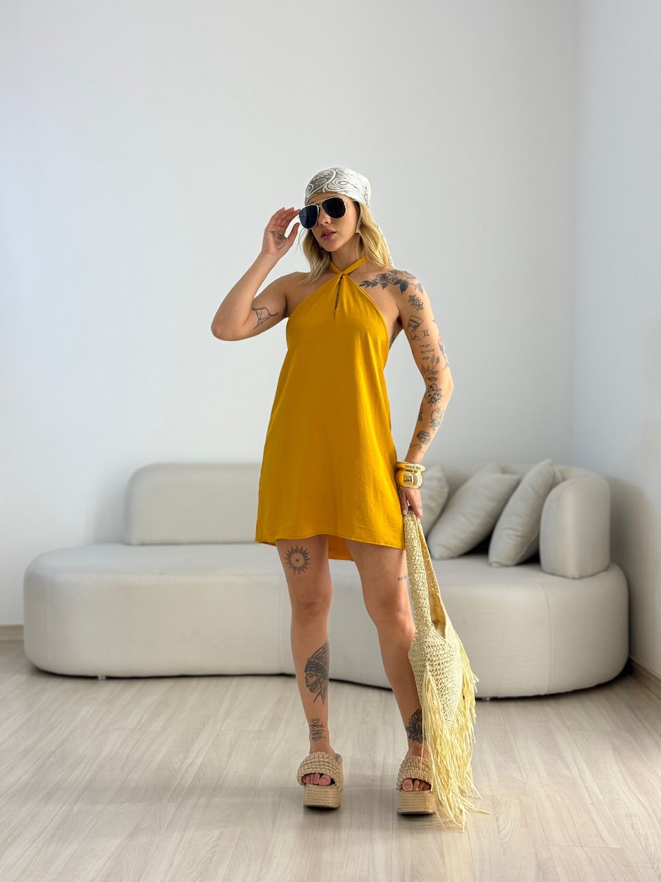 VESTIDO MILENY CF GOTA MOSTARDA - 0069820051 - CAROLLA FERRARO