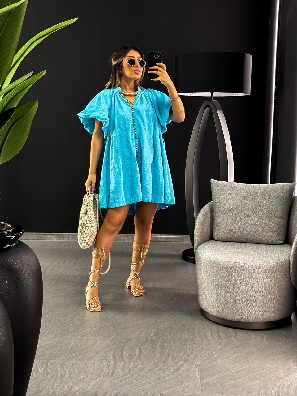VESTIDO LAISE MANGA BALONÊ AZUL - 0045870109 - CAROLLA FERRARO