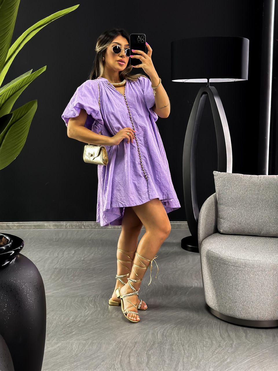 VESTIDO LAISE MANGA BALONÊ LILÁS - 0045870065 - CAROLLA FERRARO