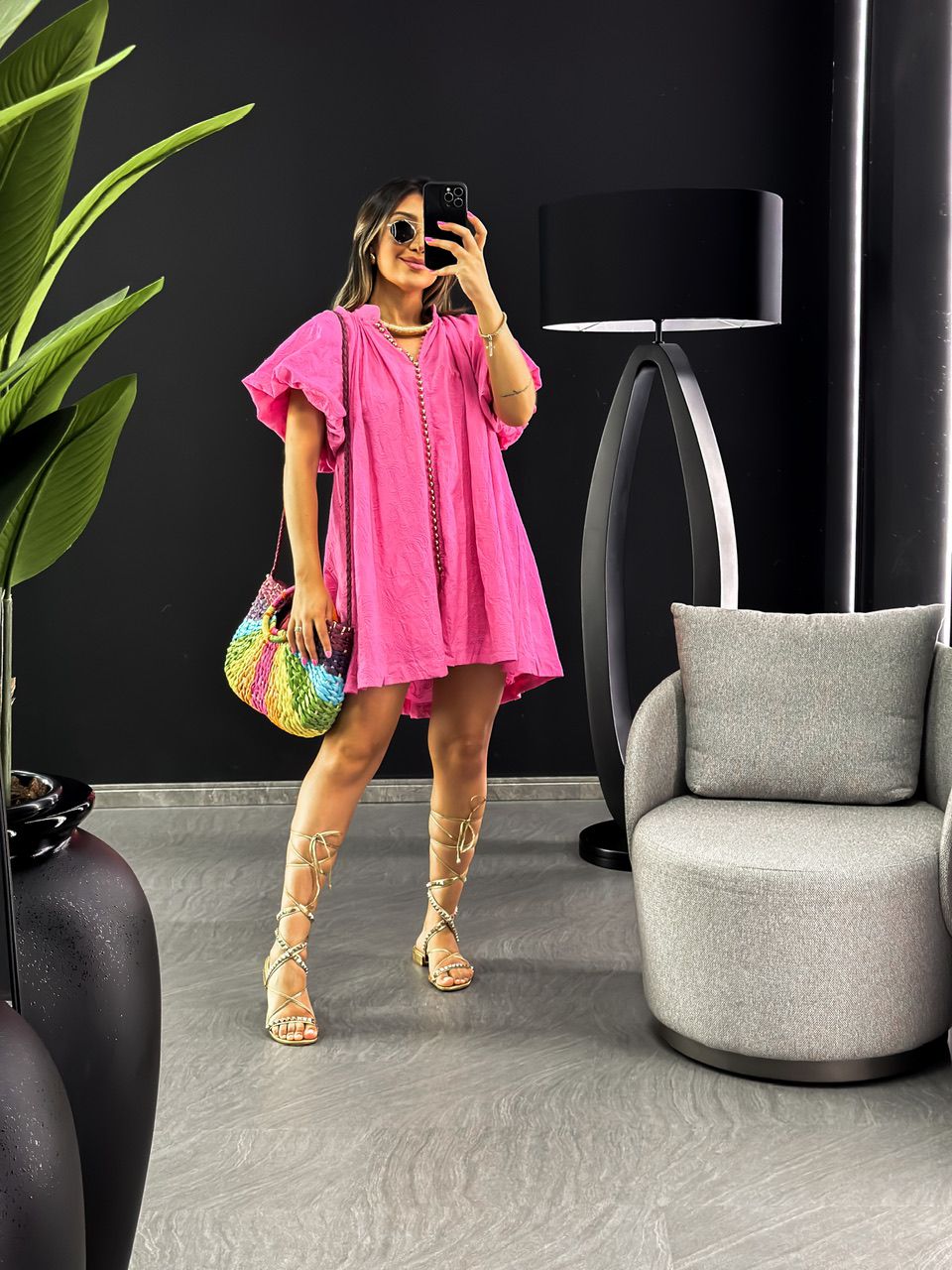 VESTIDO LAISE MANGA BALONÊ ROSA - 0045870031 - CAROLLA FERRARO