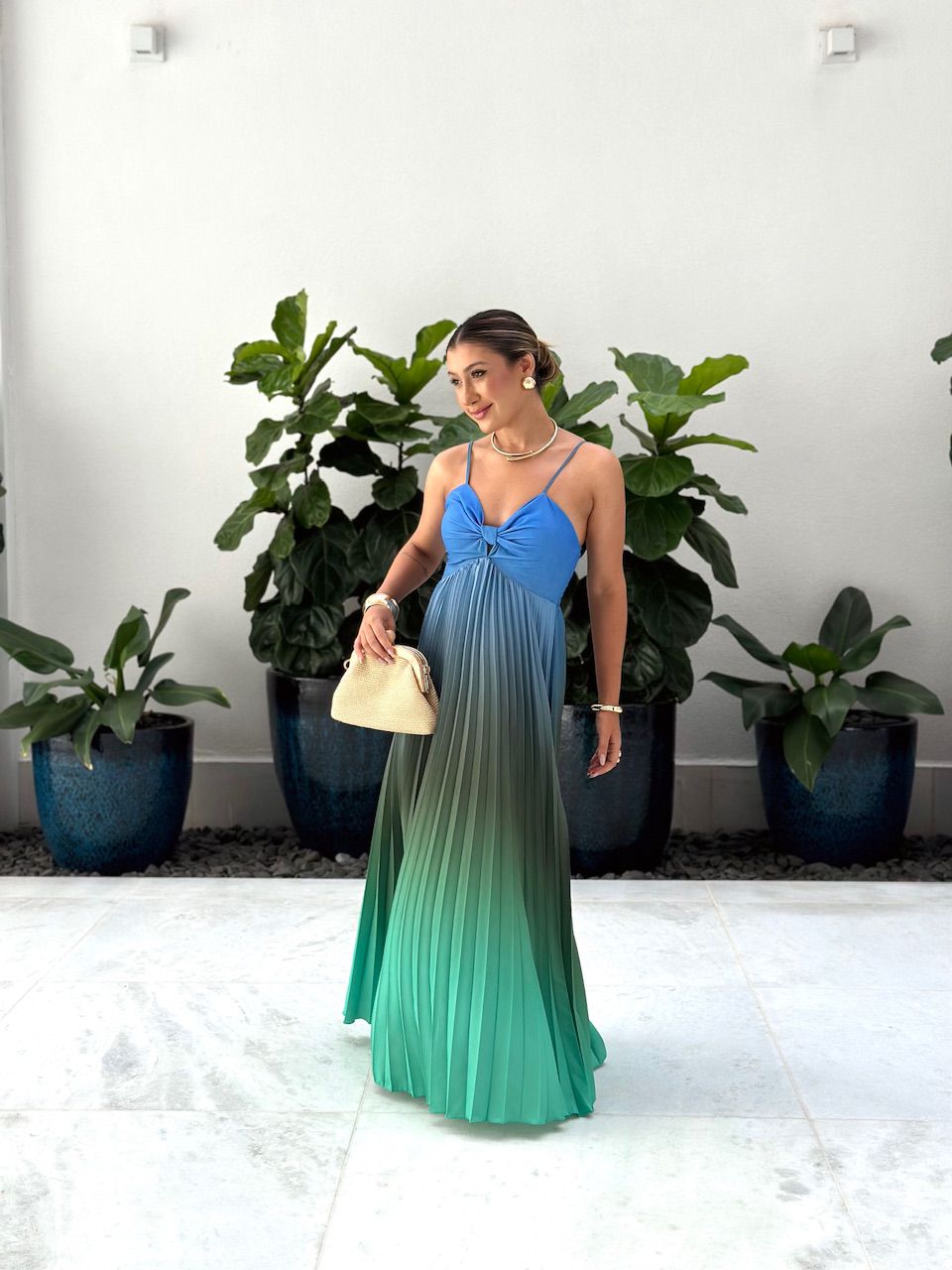 VESTIDO NORONHA PLISSADO AZUL/MARROM