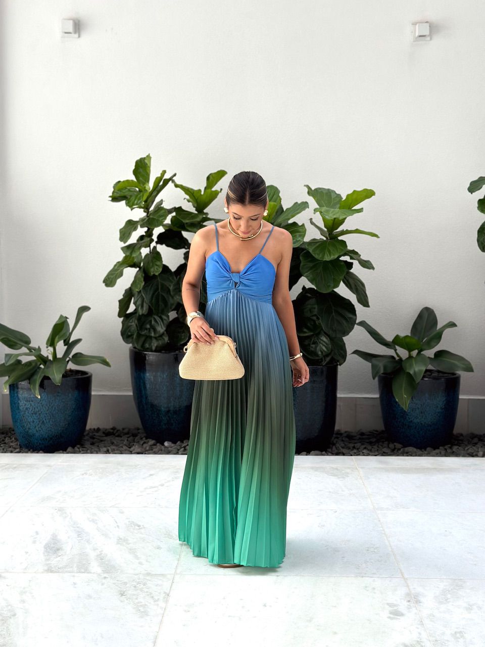 VESTIDO NORONHA PLISSADO AZUL/MARROM