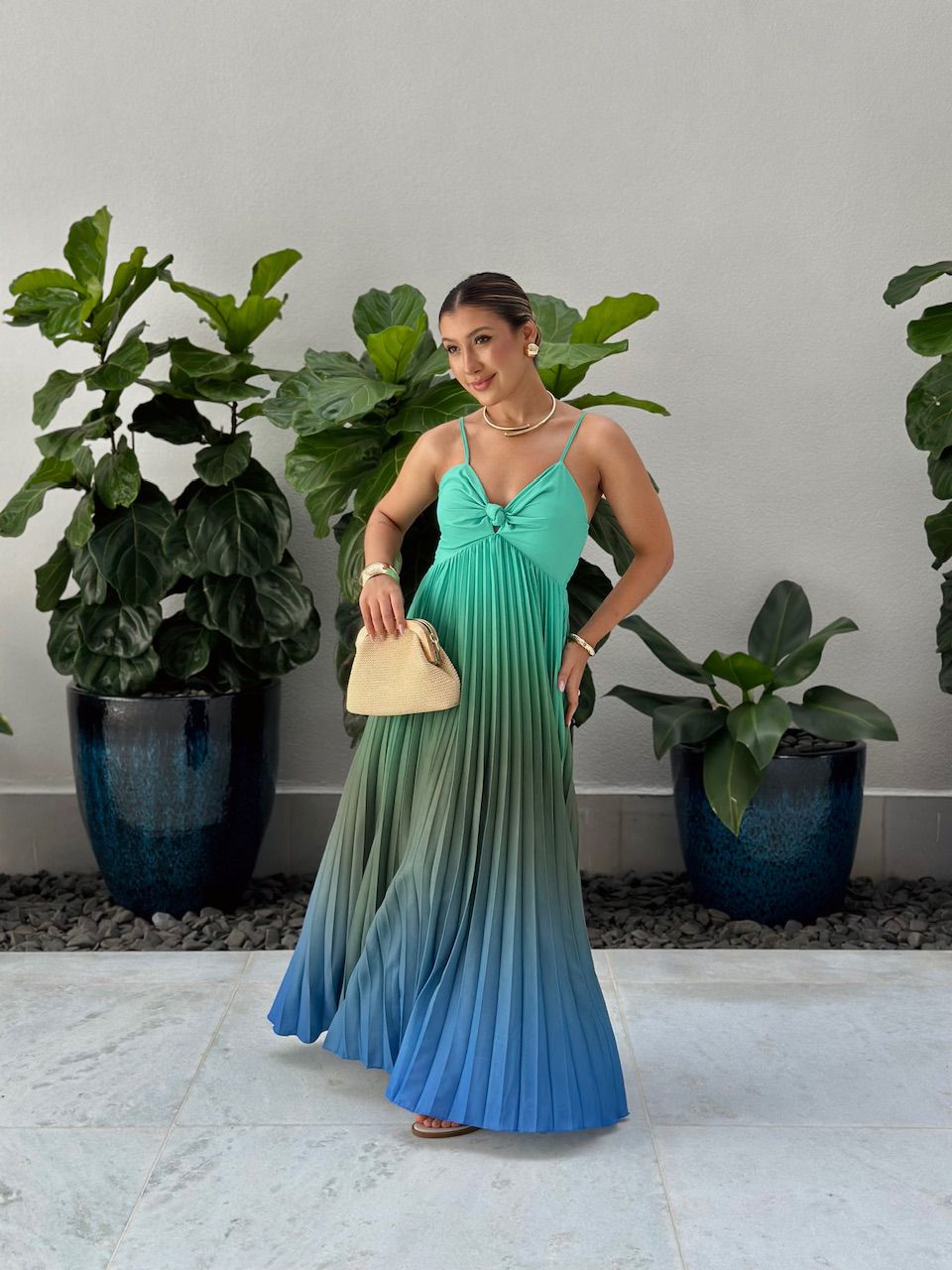 VESTIDO NORONHA PLISSADO VERDE/MARROM