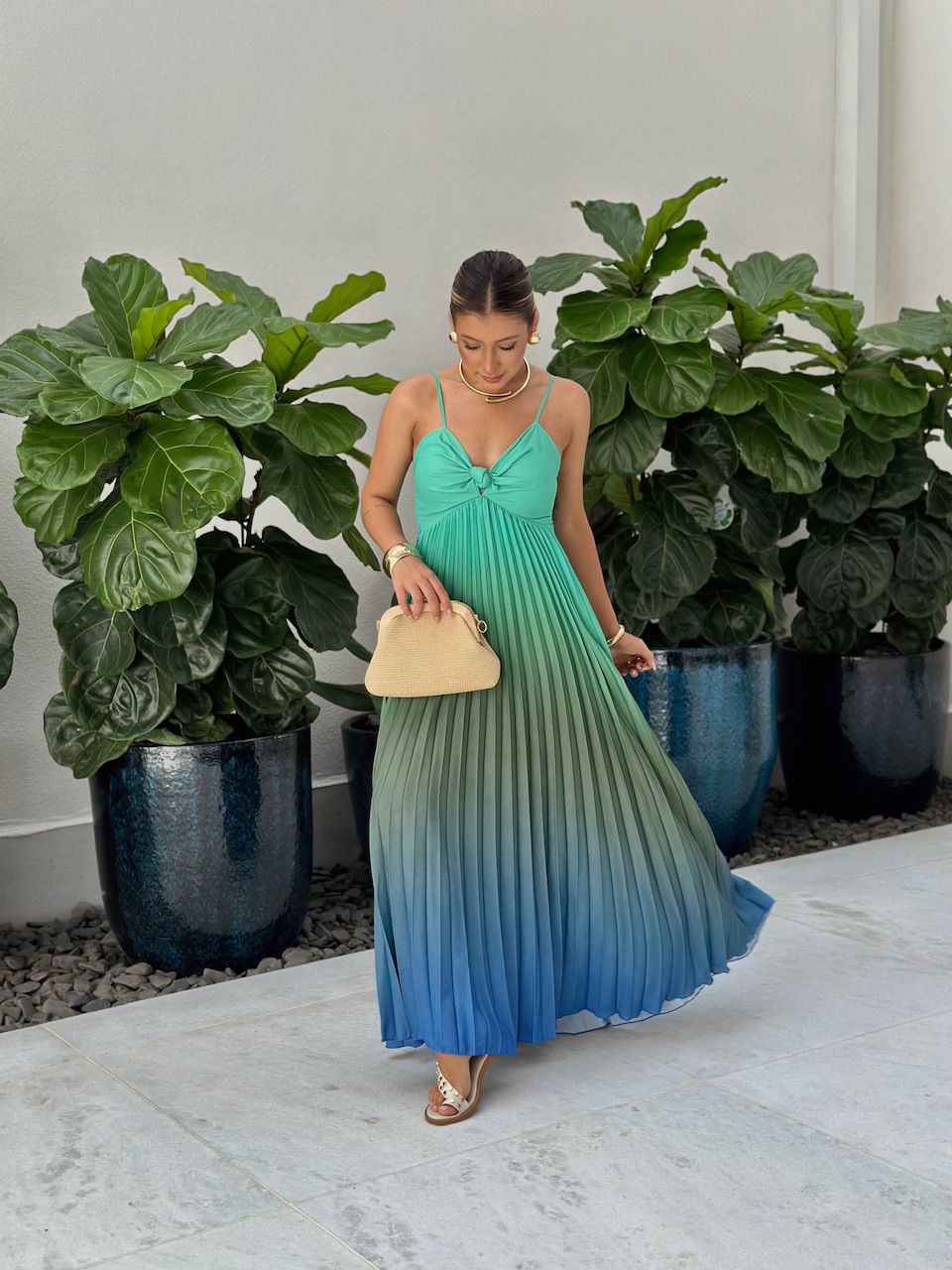 VESTIDO NORONHA PLISSADO VERDE/MARROM