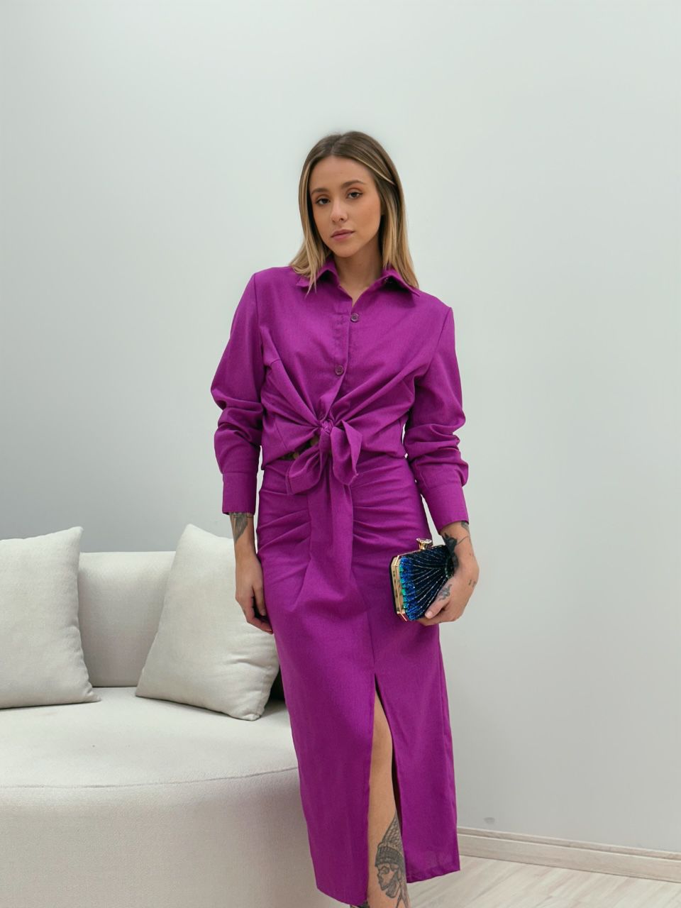 CONJUNTO OLÍVIA SAIA CAMISA FUCSIA