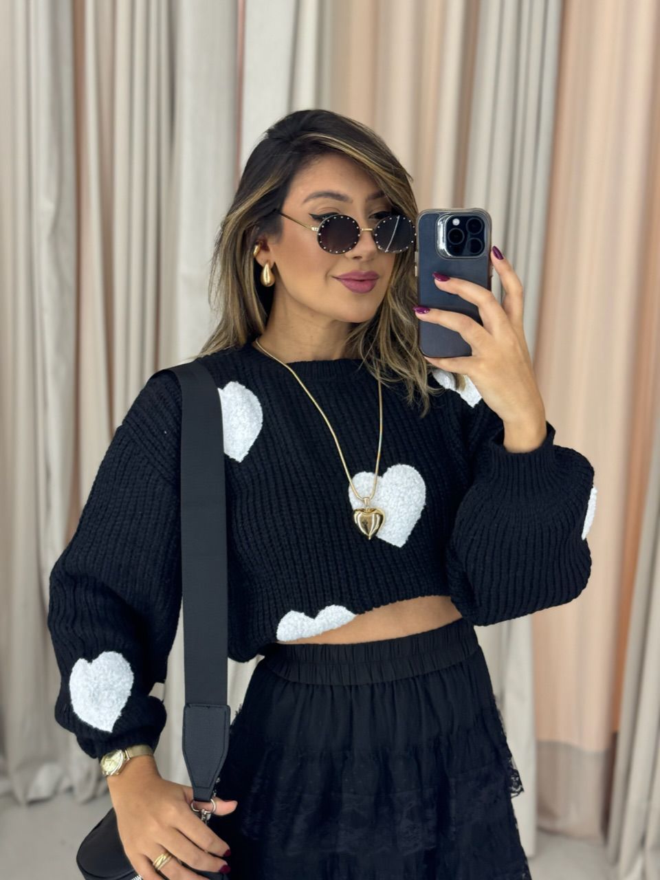 TRICOT CORAÇÕES PRETO